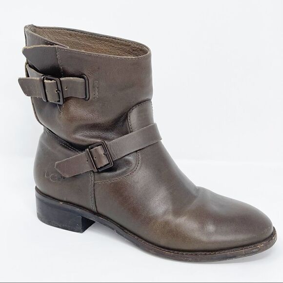 Ugg Fletcher Brown Leather Moto Boots Size 7 - Picture 1 of 15